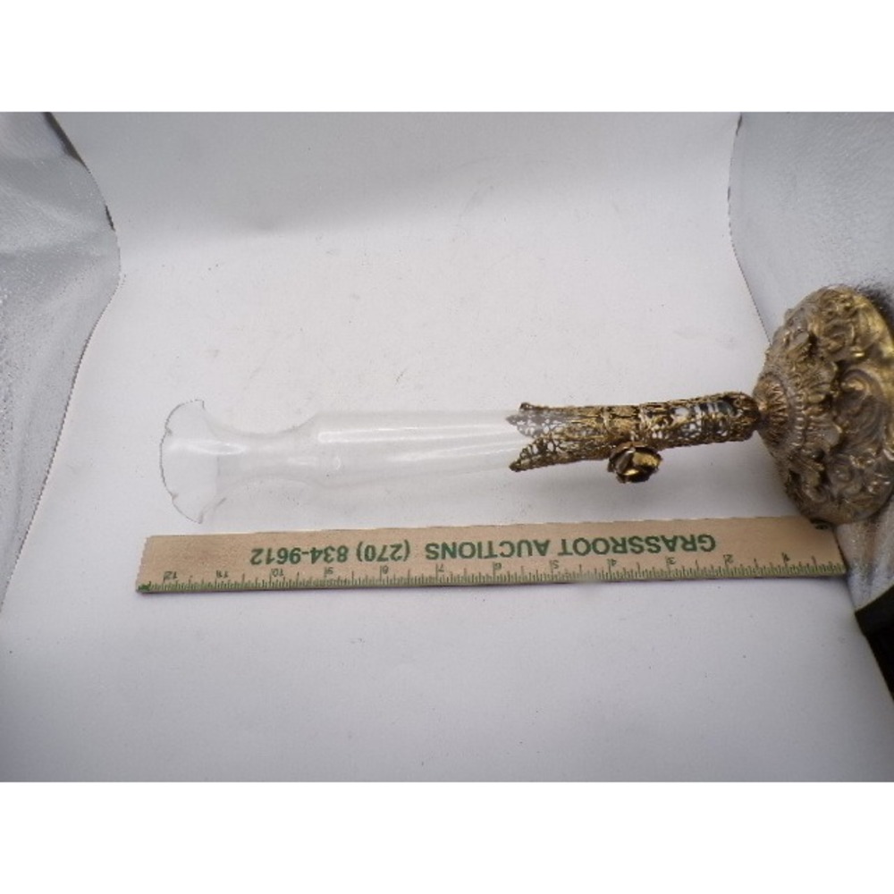 Vintage Ornate Gold Filigree Bud Vase Clear Ruffled Glass Rose Detail 11.5 inch - Picture 4 of 4